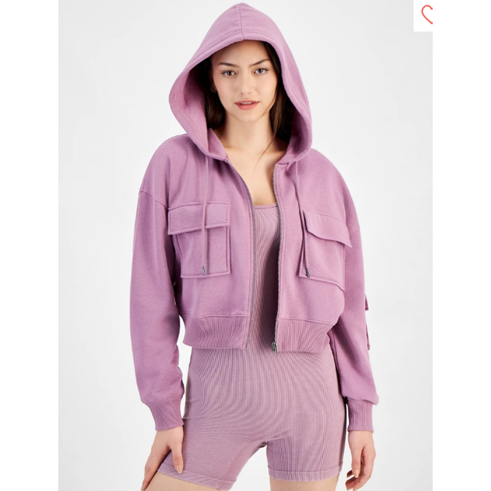 NEW Hippie Rose Cropped Cargo Jacket Medium Purple Zip Up Sweatshirt Hoodie